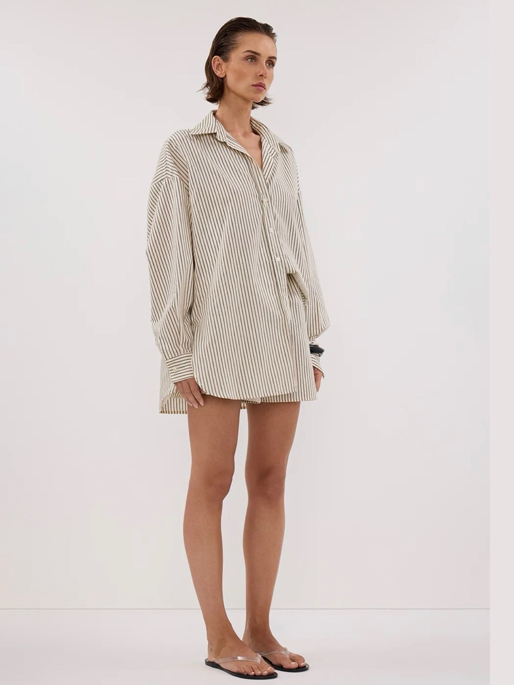 DISSH Palma Cream Oversized Button-Up Shirt with Black Pinstripes - Picture 4 of 11
